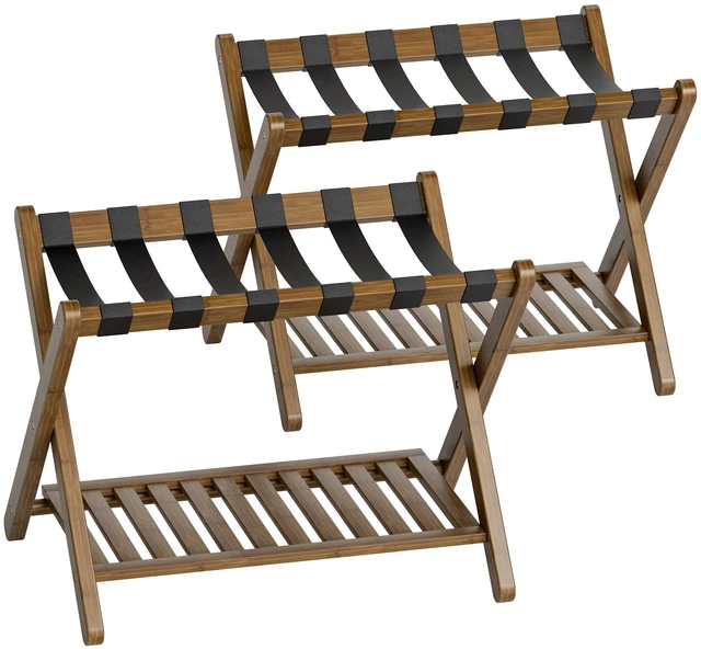 Main image of Luggage Rack, Set of 2, Foldable Bamboo Suitcase Stand with Storage Shelf for Guest Room, Bedroom, Hotel, Heavy-Duty (Walnut)