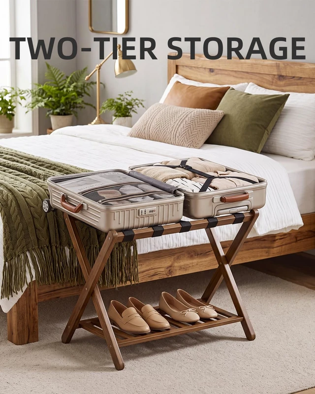 Alt view image 2 of 7 - Luggage Rack, Set of 2, Foldable Bamboo Suitcase Stand with Storage Shelf for Guest Room, Bedroom, Hotel, Heavy-Duty (Walnut)