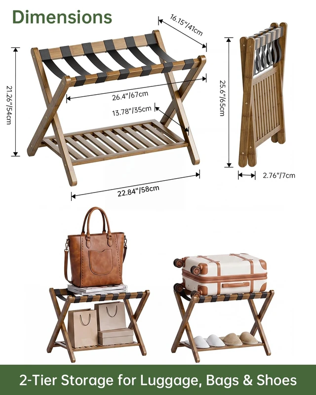 Alt view image 3 of 7 - Luggage Rack, Set of 2, Foldable Bamboo Suitcase Stand with Storage Shelf for Guest Room, Bedroom, Hotel, Heavy-Duty (Walnut)