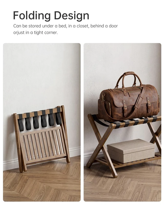 Alt view image 5 of 7 - Luggage Rack, Set of 2, Foldable Bamboo Suitcase Stand with Storage Shelf for Guest Room, Bedroom, Hotel, Heavy-Duty (Walnut)