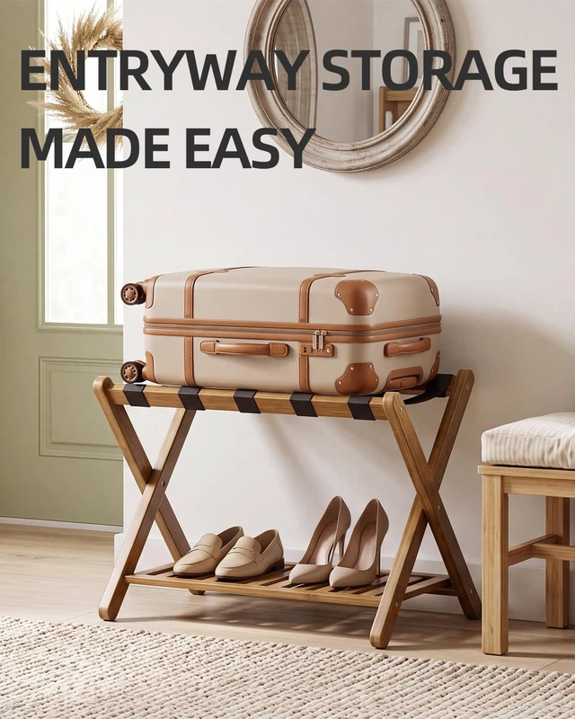 Alt view image 7 of 7 - Luggage Rack, Set of 2, Foldable Bamboo Suitcase Stand with Storage Shelf for Guest Room, Bedroom, Hotel, Heavy-Duty (Walnut)