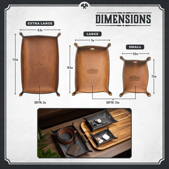 Alt view image 2 of 5 - Leather Valet Tray for Men Rustic EDC Organizer for Keys, Phone & Wallet Made in USA Whiskey Barrel Brown