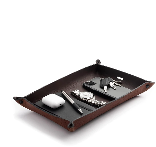 Main image of Leather Valet Tray for Men Rustic EDC Organizer for Keys, Phone & Wallet Made in USA Whiskey Barrel Brown