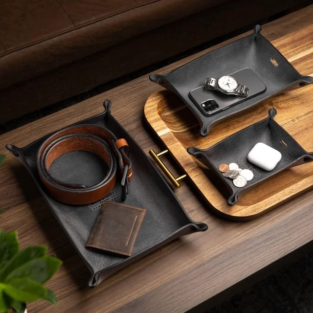 Alt view image 5 of 5 - Leather Valet Tray for Men Rustic EDC Organizer for Keys, Phone & Wallet Made in USA Whiskey Barrel Brown