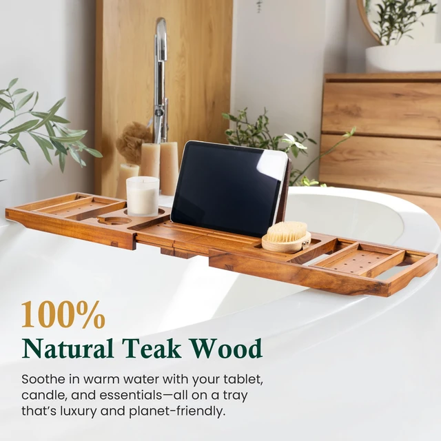 Alt view image 2 of 7 - Teak Bathtub Tray Caddy, Adjustable Wood Bath Organizer | Natural Teak Wood Finish, Built-In Wine Holder, Tablet & Book Stand, Water-Resistant Seal, Fits Most Tubs