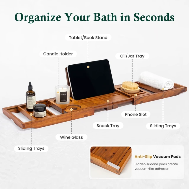 Alt view image 3 of 7 - Teak Bathtub Tray Caddy, Adjustable Wood Bath Organizer | Natural Teak Wood Finish, Built-In Wine Holder, Tablet & Book Stand, Water-Resistant Seal, Fits Most Tubs