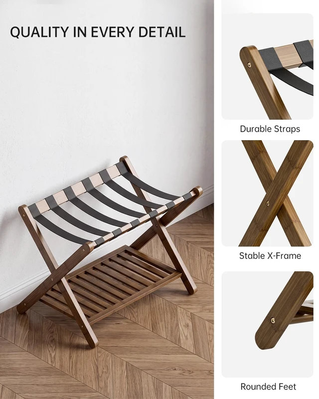 Alt view image 6 of 7 - Luggage Rack, Set of 2, Foldable Bamboo Suitcase Stand with Storage Shelf for Guest Room, Bedroom, Hotel, Heavy-Duty (Walnut)