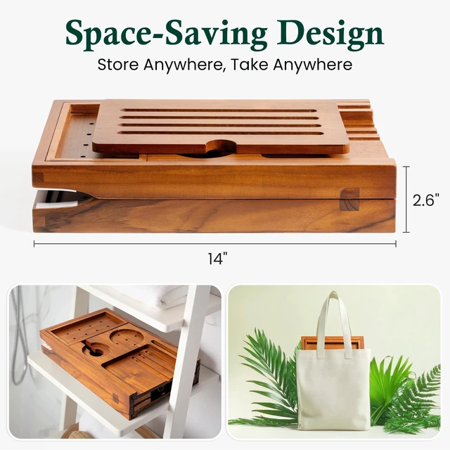 Alt view image 5 of 7 - Teak Bathtub Tray Caddy, Adjustable Wood Bath Organizer | Natural Teak Wood Finish, Built-In Wine Holder, Tablet & Book Stand, Water-Resistant Seal, Fits Most Tubs