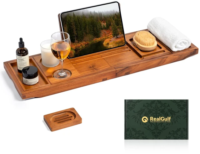 Main image of Teak Bathtub Tray Caddy, Adjustable Wood Bath Organizer | Natural Teak Wood Finish, Built-In Wine Holder, Tablet & Book Stand, Water-Resistant Seal, Fits Most Tubs