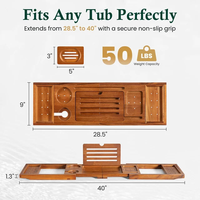 Alt view image 4 of 7 - Teak Bathtub Tray Caddy, Adjustable Wood Bath Organizer | Natural Teak Wood Finish, Built-In Wine Holder, Tablet & Book Stand, Water-Resistant Seal, Fits Most Tubs