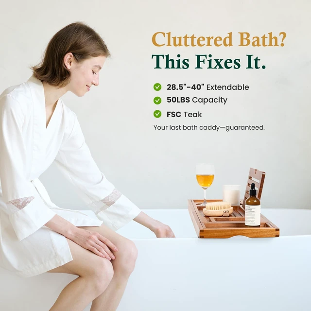Alt view image 7 of 7 - Teak Bathtub Tray Caddy, Adjustable Wood Bath Organizer | Natural Teak Wood Finish, Built-In Wine Holder, Tablet & Book Stand, Water-Resistant Seal, Fits Most Tubs