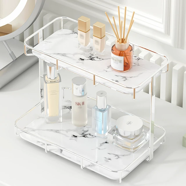 Main image of Bathroom Organizer Countertop Perfume Organizer Makeup Organizer Cosmetics Storage Display Rack Vanity Tray Dresser Stainless Steel Gold Shelf White Marble Ceramic Tray