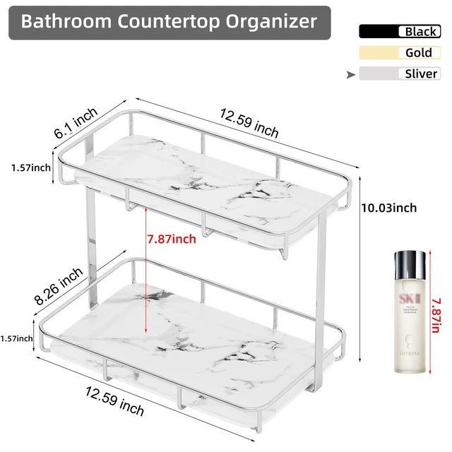 Alt view image 5 of 7 - Bathroom Organizer Countertop Perfume Organizer Makeup Organizer Cosmetics Storage Display Rack Vanity Tray Dresser Stainless Steel Gold Shelf White Marble Ceramic Tray