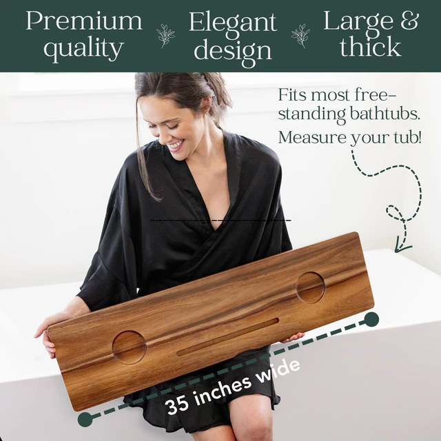 Alt view image 3 of 5 - Premium Bathtub Tray for Freestanding Bath | Large & Thick 35 Acacia Wood Luxury Bath Tray for Tub | Anti-Tip, Non-Toxic, Adjustable Bathtub Trays for Tub with Bathroom Accessories Holder