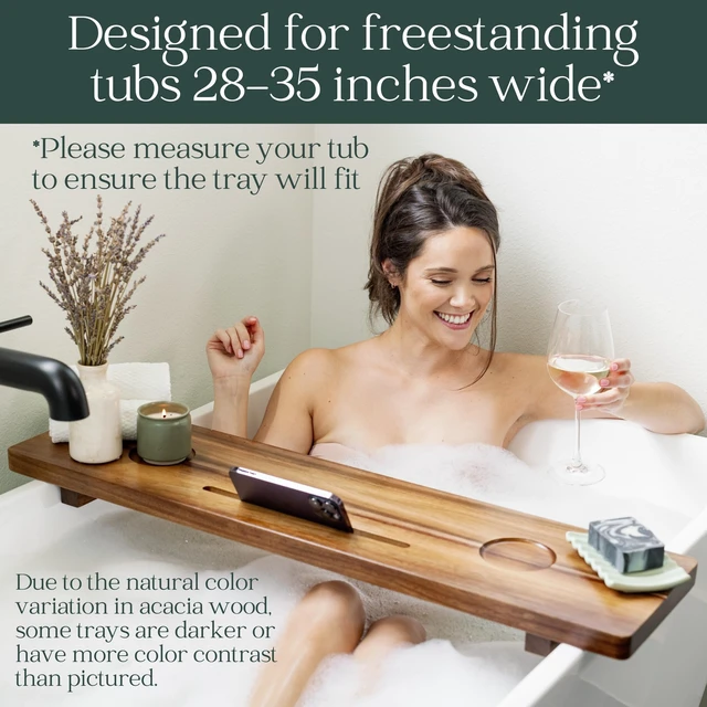 Alt view image 2 of 5 - Premium Bathtub Tray for Freestanding Bath | Large & Thick 35 Acacia Wood Luxury Bath Tray for Tub | Anti-Tip, Non-Toxic, Adjustable Bathtub Trays for Tub with Bathroom Accessories Holder