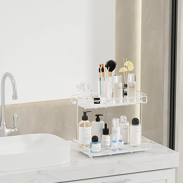 Alt view image 7 of 7 - Bathroom Organizer Countertop Perfume Organizer Makeup Organizer Cosmetics Storage Display Rack Vanity Tray Dresser Stainless Steel Gold Shelf White Marble Ceramic Tray