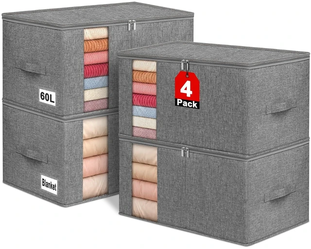 Main image of 60L Rigid-Sided Blanket Storage Bags, 4Pack, Gray | Rigid Sides & Bottom, Stackable & Foldable Design, Comforter, Quilt, Bedding, Pillow and Clothes, Closet & Dorm Organization