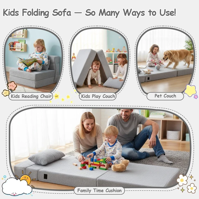 Alt view image 2 of 7 - Kids Floor Sofa, Child Fold Up Sofa Couch Convertible Futon Folding Chair with Storage Bag for Kids, Plush Grey
