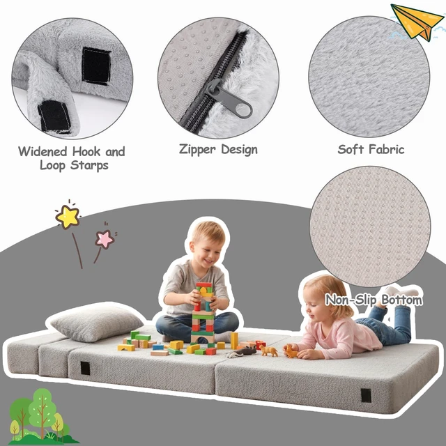 Alt view image 3 of 7 - Kids Floor Sofa, Child Fold Up Sofa Couch Convertible Futon Folding Chair with Storage Bag for Kids, Plush Grey