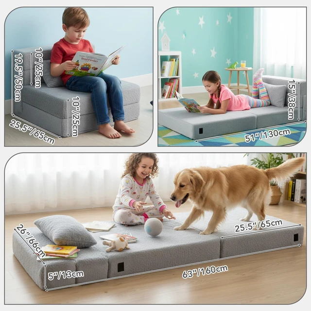 Alt view image 5 of 7 - Kids Floor Sofa, Child Fold Up Sofa Couch Convertible Futon Folding Chair with Storage Bag for Kids, Plush Grey
