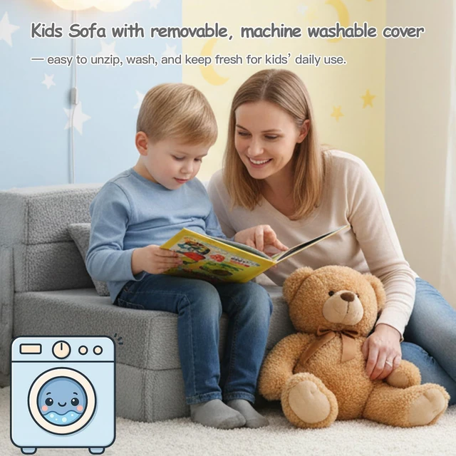 Alt view image 6 of 7 - Kids Floor Sofa, Child Fold Up Sofa Couch Convertible Futon Folding Chair with Storage Bag for Kids, Plush Grey