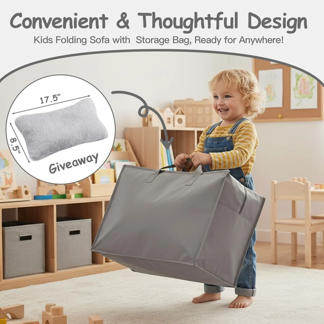 Alt view image 7 of 7 - Kids Floor Sofa, Child Fold Up Sofa Couch Convertible Futon Folding Chair with Storage Bag for Kids, Plush Grey
