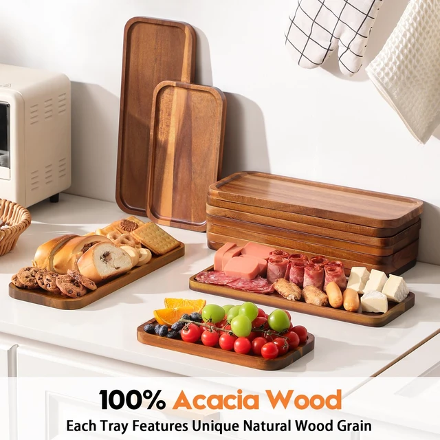 Alt view image 2 of 7 - Small Wooden Trays and Platters, Mini Charcuterie Boards, 10 Pack | 14"X 5.5" Acacia Wood Serving Tray for Charcuterie, Cheese Boards, Appetizers, or as Bathroom Vanity Tray, Home Decor