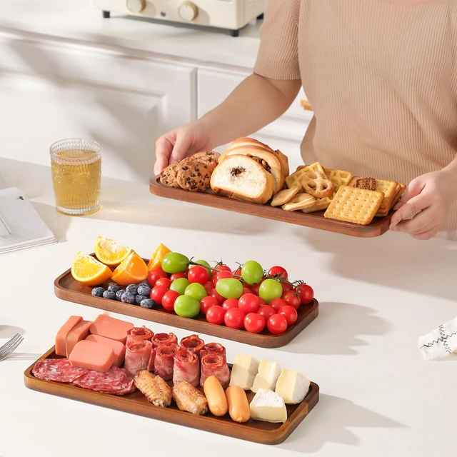 Alt view image 6 of 7 - Small Wooden Trays and Platters, Mini Charcuterie Boards, 10 Pack | 14"X 5.5" Acacia Wood Serving Tray for Charcuterie, Cheese Boards, Appetizers, or as Bathroom Vanity Tray, Home Decor
