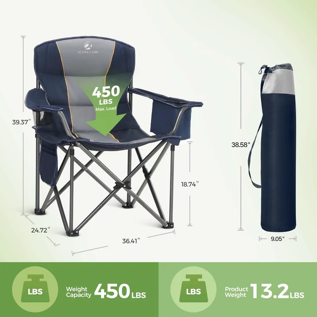Alt view image 7 of 7 - Folding Camping Chair Oversized Heavy Duty Padded Outdoor Chair with Cup Holder Storage and Cooler Bag, 450 LBS Weight Capacity, Thicken 600D Oxford