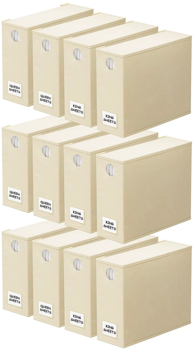 Main image of 12 Pack Bed Sheet Organizers and Storage, Foldable Organizer for Linen Closet, Set Folder Keeper With Window XL (Queen & King Size) Bedding Container (Beige)