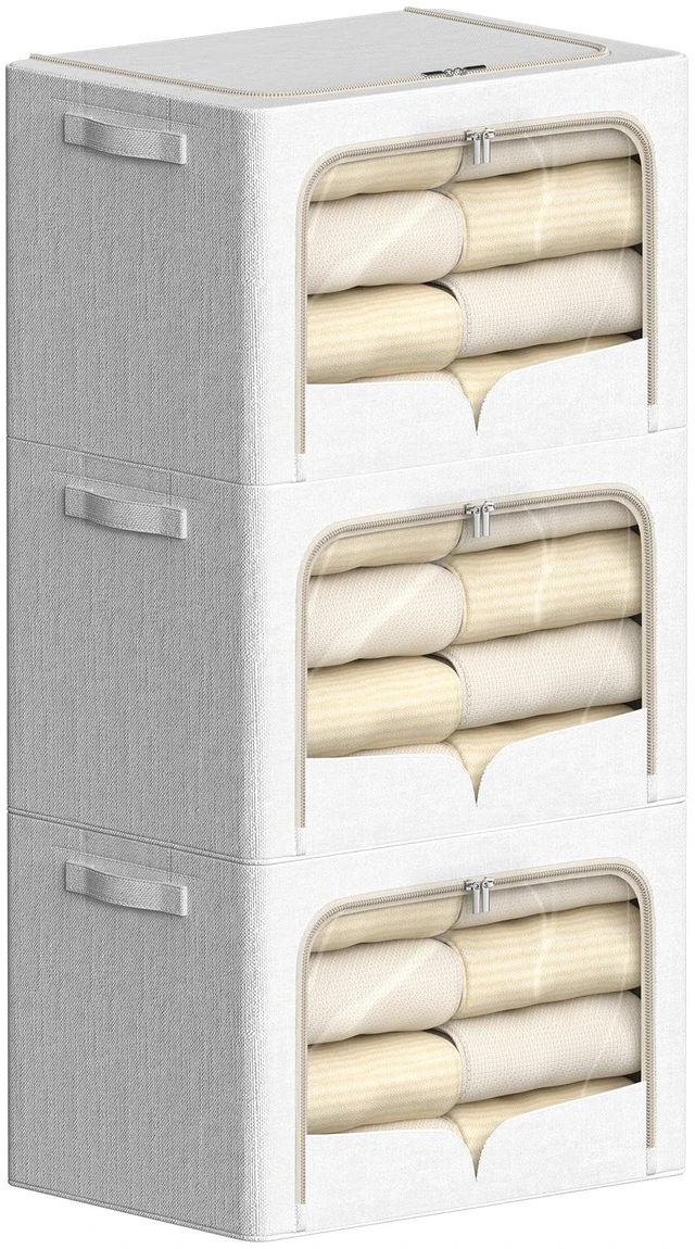 Main image of 3 Pack Clothes Storage Bins - Foldable Metal Frame Storage Box - Stackable Linen Fabric Container Organizer Set with Carrying Handles and Clear Window (Cream White, 19.7x15.7x13inch(66L))