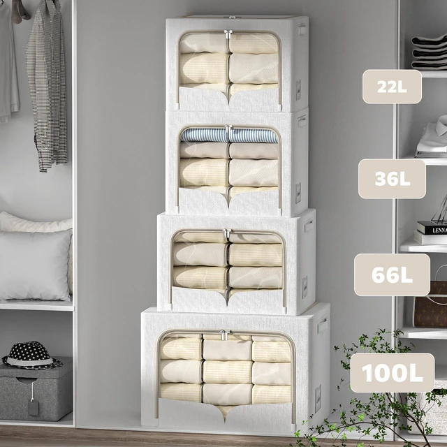 Alt view image 2 of 6 - 3 Pack Clothes Storage Bins - Foldable Metal Frame Storage Box - Stackable Linen Fabric Container Organizer Set with Carrying Handles and Clear Window (Cream White, 19.7x15.7x13inch(66L))