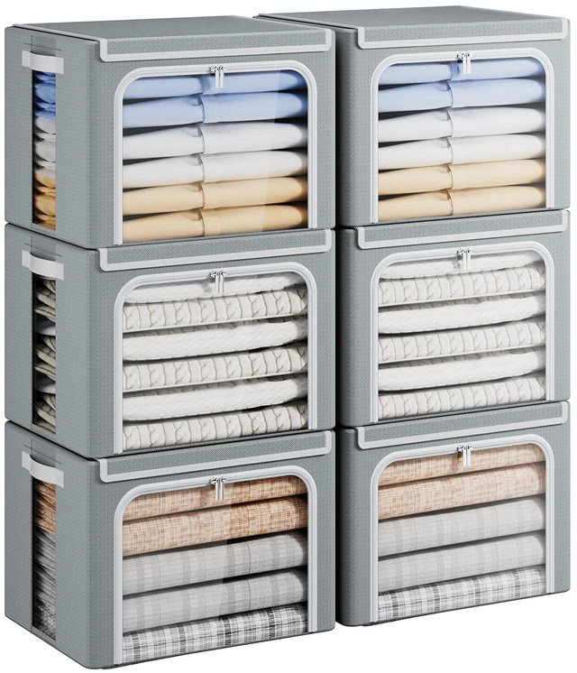 Main image of Stackable Clothes Storage Bins with Lid, Grey, 40L, 6 Pack | Metal Frame, Foldable, Clear Window & Zippers & PU Leather Handles