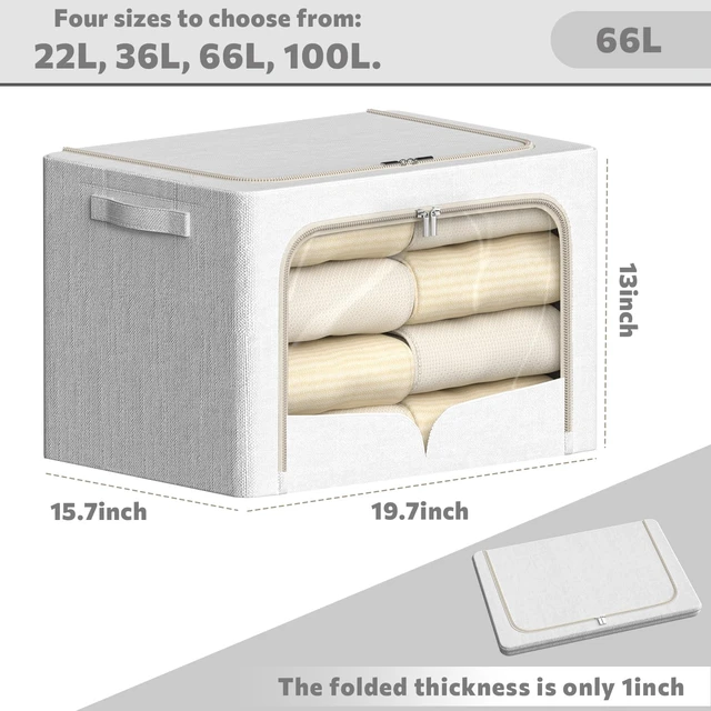 Alt view image 4 of 6 - 3 Pack Clothes Storage Bins - Foldable Metal Frame Storage Box - Stackable Linen Fabric Container Organizer Set with Carrying Handles and Clear Window (Cream White, 19.7x15.7x13inch(66L))