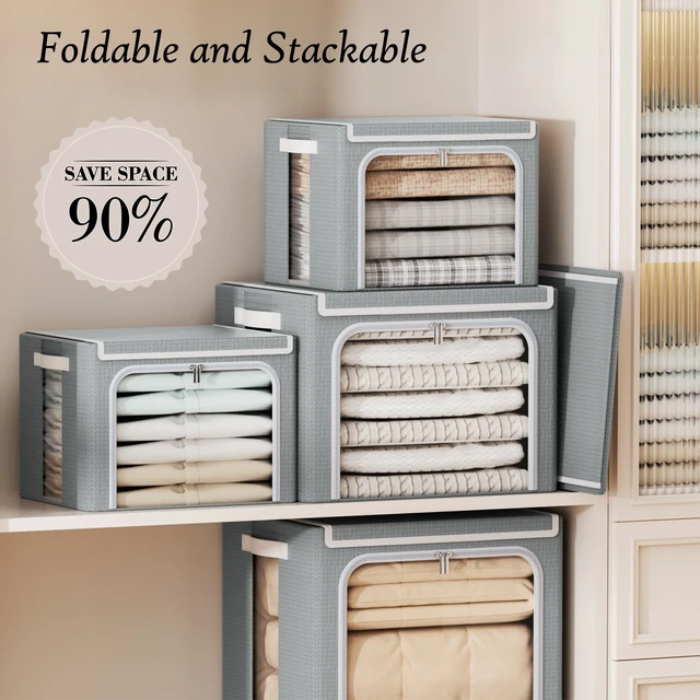 Alt view image 4 of 7 - Stackable Clothes Storage Bins with Lid, Grey, 40L, 6 Pack | Metal Frame, Foldable, Clear Window & Zippers & PU Leather Handles