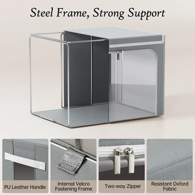 Alt view image 3 of 7 - Stackable Clothes Storage Bins with Lid, Grey, 40L, 6 Pack | Metal Frame, Foldable, Clear Window & Zippers & PU Leather Handles