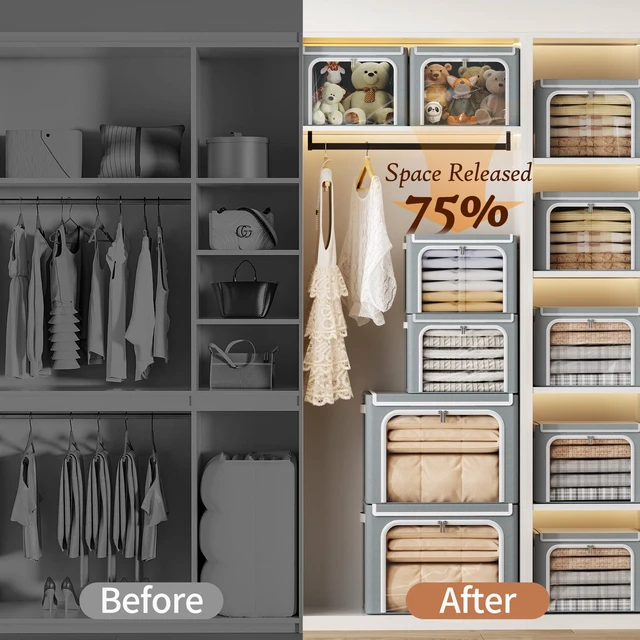 Alt view image 5 of 7 - Stackable Clothes Storage Bins with Lid, Grey, 40L, 6 Pack | Metal Frame, Foldable, Clear Window & Zippers & PU Leather Handles