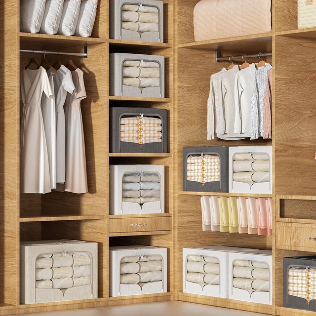 Alt view image 6 of 6 - 3 Pack Clothes Storage Bins - Foldable Metal Frame Storage Box - Stackable Linen Fabric Container Organizer Set with Carrying Handles and Clear Window (Cream White, 19.7x15.7x13inch(66L))