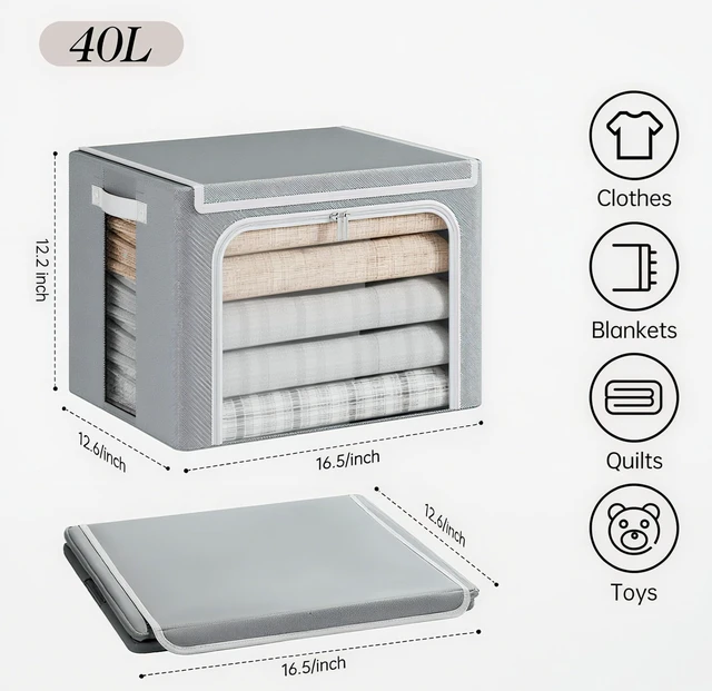 Alt view image 7 of 7 - Stackable Clothes Storage Bins with Lid, Grey, 40L, 6 Pack | Metal Frame, Foldable, Clear Window & Zippers & PU Leather Handles