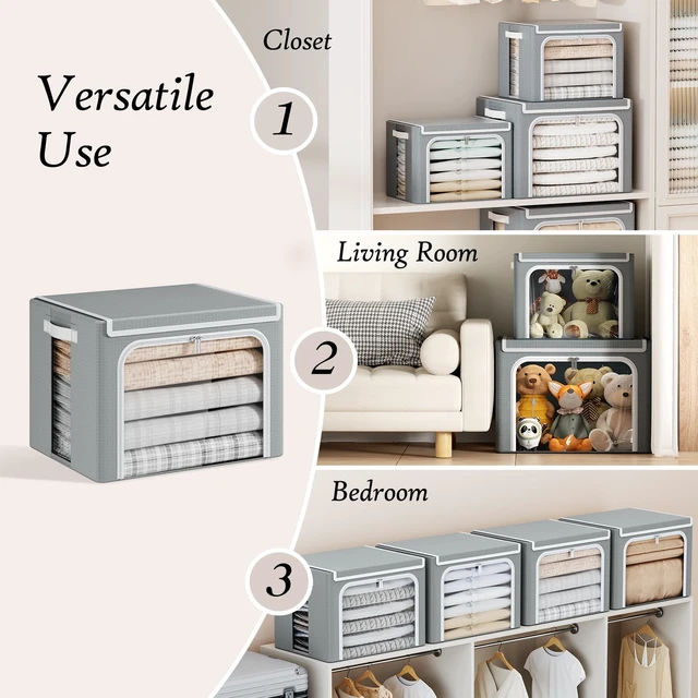 Alt view image 6 of 7 - Stackable Clothes Storage Bins with Lid, Grey, 40L, 6 Pack | Metal Frame, Foldable, Clear Window & Zippers & PU Leather Handles