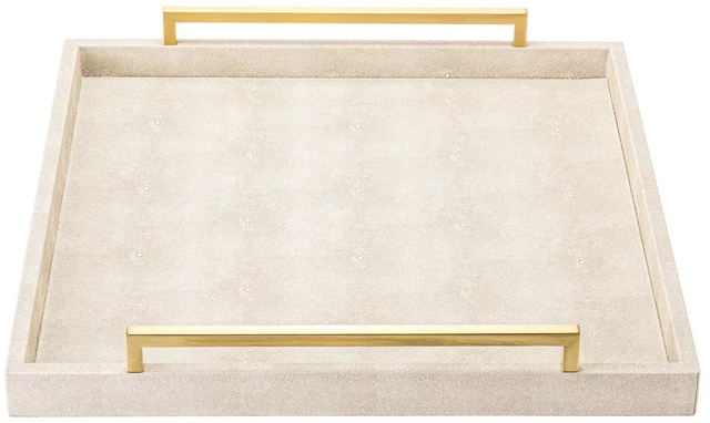 Alt view image 2 of 7 - Large Ottoman Tray for Coffee Table,Square Shagreen Leather Decorative Tray with Gold Handles for Living Room Decor