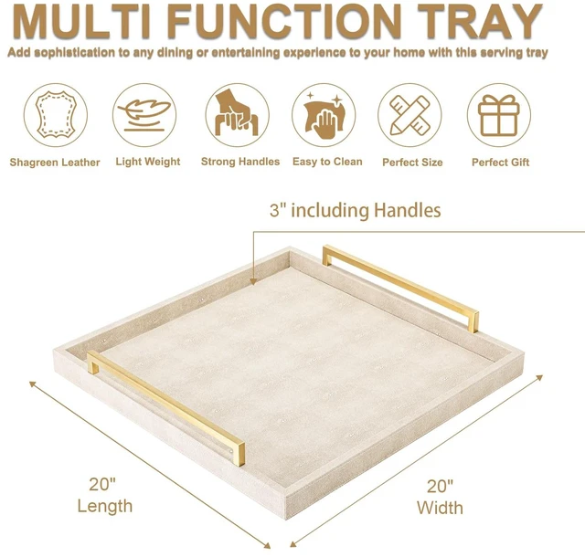 Alt view image 3 of 7 - Large Ottoman Tray for Coffee Table,Square Shagreen Leather Decorative Tray with Gold Handles for Living Room Decor