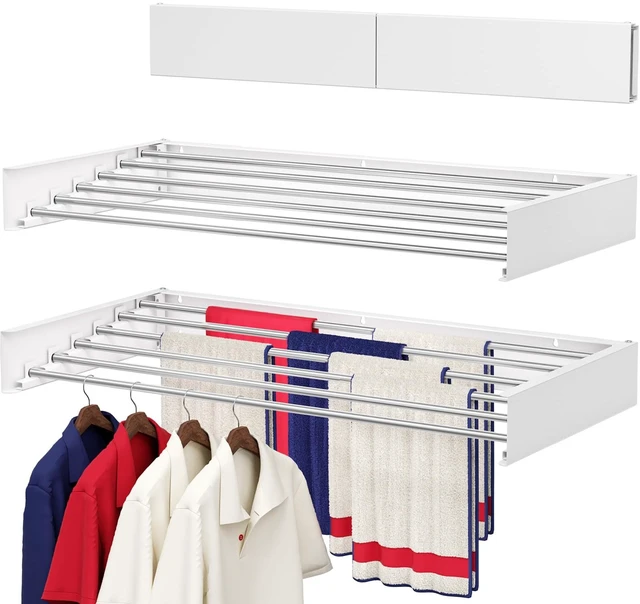 Main image of Wall Mounted Drying Rack 40", Foldable Laundry Drying Rack with Stainless Steel Rods, Retractable Laundry Space Saver for Indoor & Outdoor Use, Include Wall Template