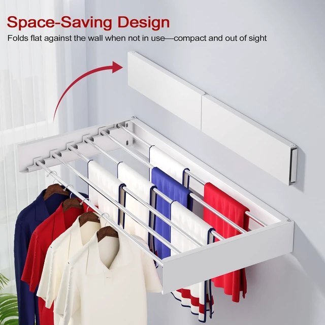 Alt view image 2 of 6 - Wall Mounted Drying Rack 40", Foldable Laundry Drying Rack with Stainless Steel Rods, Retractable Laundry Space Saver for Indoor & Outdoor Use, Include Wall Template