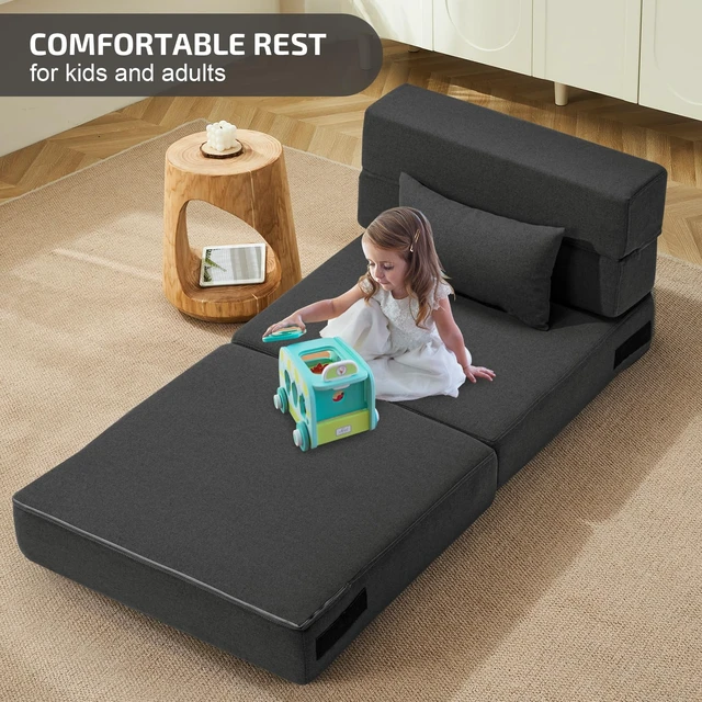 Alt view image 2 of 5 - Folding Sofa Bed with Pillow- Convertible Chair Floor Couch & Sleeping Mattress, Foldable Memory Foam Sleeper for Living Room/Dorm/Guest Room/Home Office/Apartment/Loft, Single28, Dark Gray
