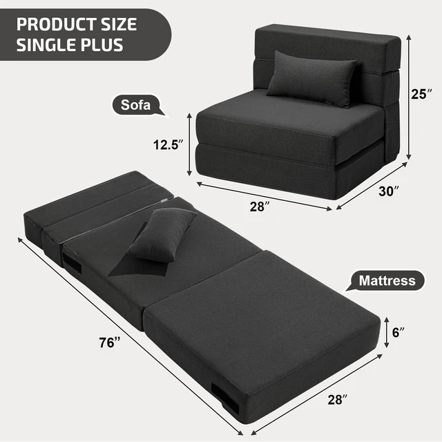 Alt view image 3 of 5 - Folding Sofa Bed with Pillow- Convertible Chair Floor Couch & Sleeping Mattress, Foldable Memory Foam Sleeper for Living Room/Dorm/Guest Room/Home Office/Apartment/Loft, Single28, Dark Gray