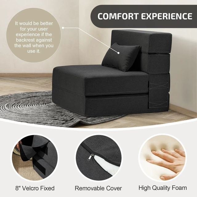 Alt view image 4 of 5 - Folding Sofa Bed with Pillow- Convertible Chair Floor Couch & Sleeping Mattress, Foldable Memory Foam Sleeper for Living Room/Dorm/Guest Room/Home Office/Apartment/Loft, Single28, Dark Gray