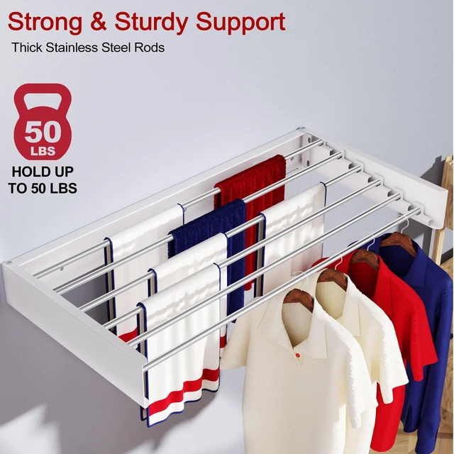 Alt view image 5 of 6 - Wall Mounted Drying Rack 40", Foldable Laundry Drying Rack with Stainless Steel Rods, Retractable Laundry Space Saver for Indoor & Outdoor Use, Include Wall Template