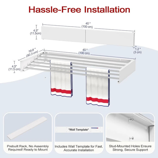 Alt view image 6 of 6 - Wall Mounted Drying Rack 40", Foldable Laundry Drying Rack with Stainless Steel Rods, Retractable Laundry Space Saver for Indoor & Outdoor Use, Include Wall Template