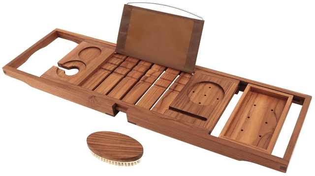 Main image of Teak Bathtub Tray Expandable, Wooden Tub Caddy, Non-Folding | Bathroom Spa Accessories, Housewarming, Anniversary, Wedding & Birthday Gifts, Free Teak Body Brush Included